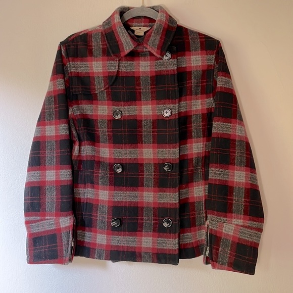 WOOLRICH Vintage Wool Plaid Check Double Breasted Coat Jacket Peacoat Red Black - Picture 6 of 14